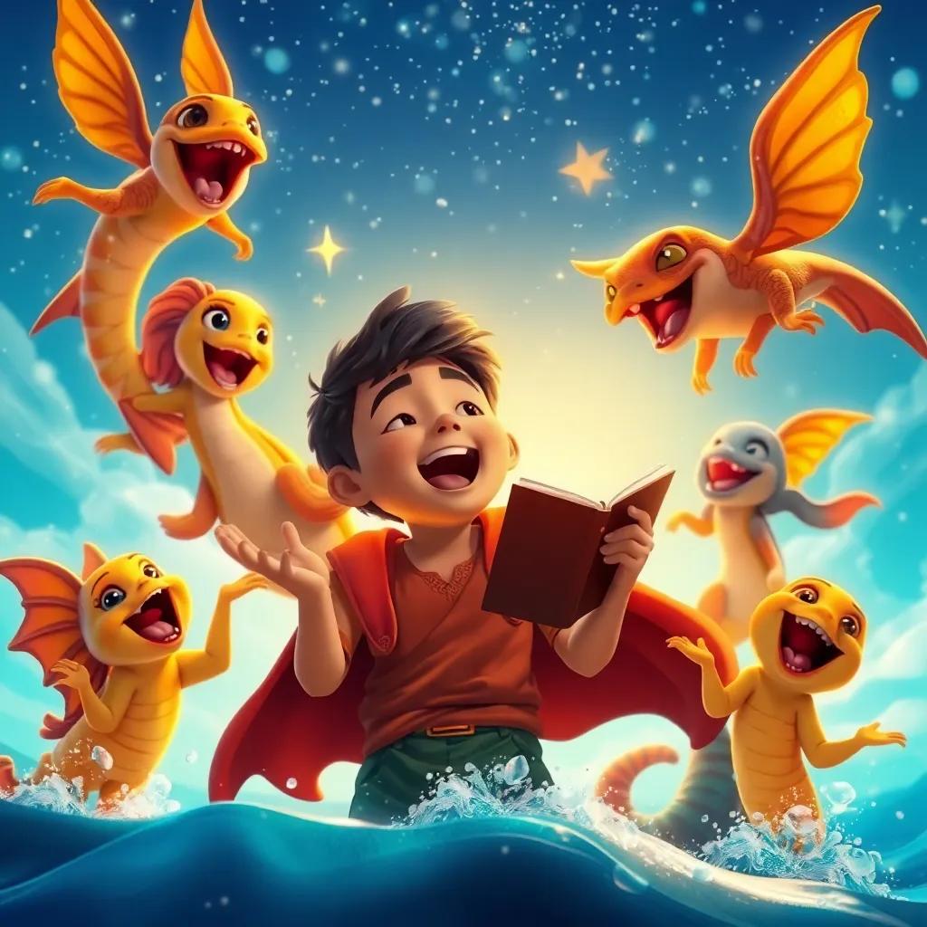 Andrés, un niño hispano, rodeado por criaturas del mar y habitantes de Atlantis, cantando con alegría, bajo un cielo despejado lleno de luz, imágenes de alegría y celebración, digital art, colorido y animado, alta calidad