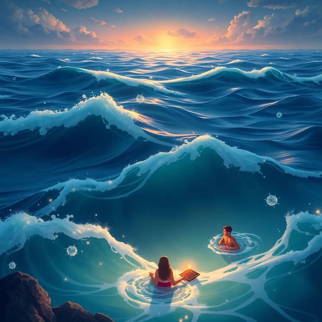 Las olas del mar meciéndose suavemente, iluminadas por las luces del océano, mientras los habitantes de Atlantis se unen a la canción de Andrés, ilustración, vibrante y alegre, alta calidad