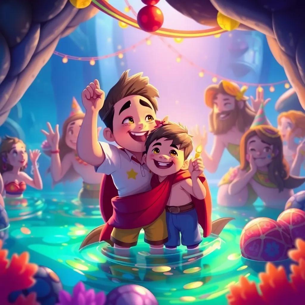 Los habitantes de Atlantis celebrando con Andrés, un niño hispano, en una colorida fiesta bajo el agua, con risas y música, ilustración, ambiente festivo, detalles vibrantes, alta calidad