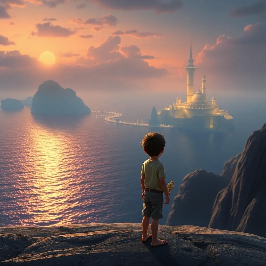 Andrés, un niño hispano con el amuleto en mano, mirando pensativo la ciudad de Atlantis mientras brilla en la luz del mar, digital art, lleno de magia, colores suaves, atmósfera nostálgica, alta calidad
