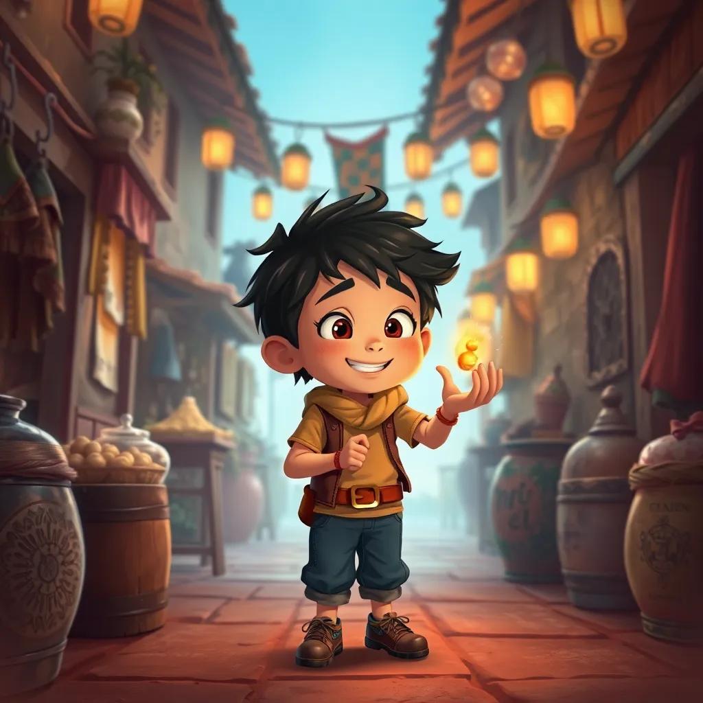 Andrés, un niño hispano, de pie en una tienda de antigüedades, con una sonrisa mientras mira el amuleto en su mano, marcando el final de su aventura, ilustración, cálido y amigable, ambiente hogareño, alta calidad