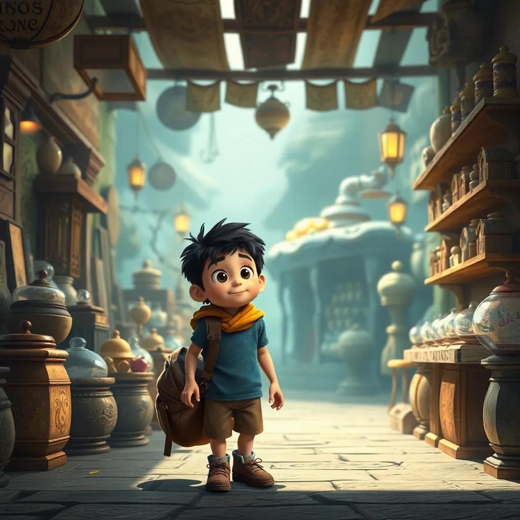 Andrés, un niño hispano, saliendo de la tienda de antigüedades, con una mirada soñadora, sabiendo que lleva consigo un parte de Atlantis, digital art, sentimiento nostálgico, colores suaves, alta calidad