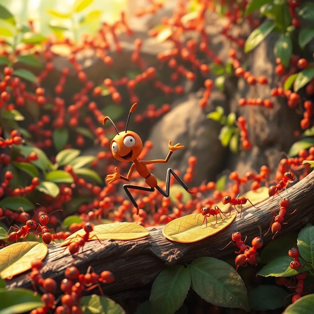 A bustling ant colony filled with tiny ants going about their tasks, with Andy running joyfully, jumping over twigs and dancing on leaves, vibrant colors, cheerful atmosphere, digital art, lively and engaging