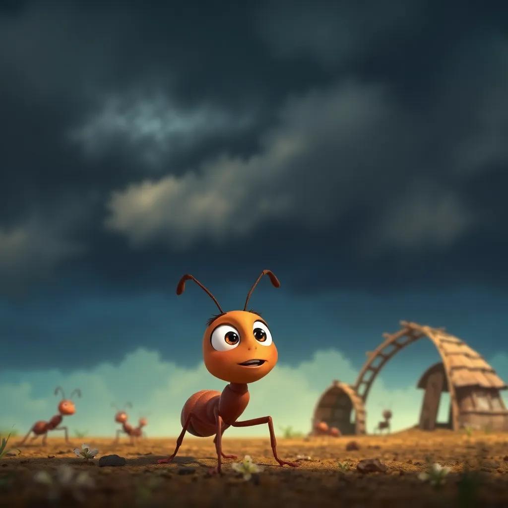 Andy, a tiny ant, with bright eyes and a big smile, looking surprised as dark clouds gather above him, while other ants build a shelter in the background, dramatic sky, anticipating storm, illustration, vivid colors, child-friendly
