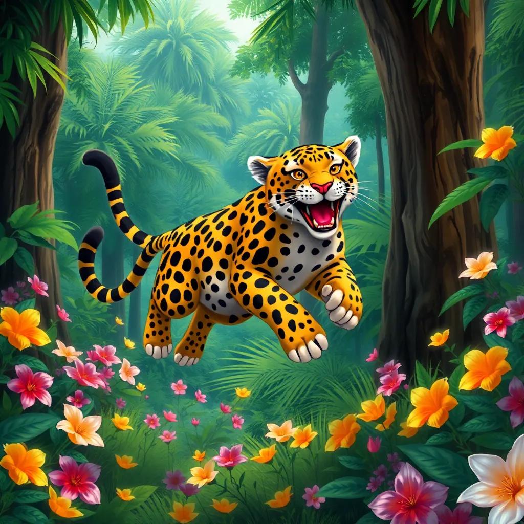 A joyful jaguar, Jay, with sleek spots and vibrant fur, leaping through a lush jungle, surrounded by tall trees and bright flowers, digital art, colorful, cheerful atmosphere, high quality