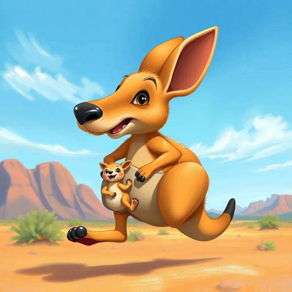 A proud kangaroo, Kiki, with soft tan fur and a baby in her pouch, hopping through the Australian outback with vivid blue skies, digital illustration, lively, adventure-themed, high quality