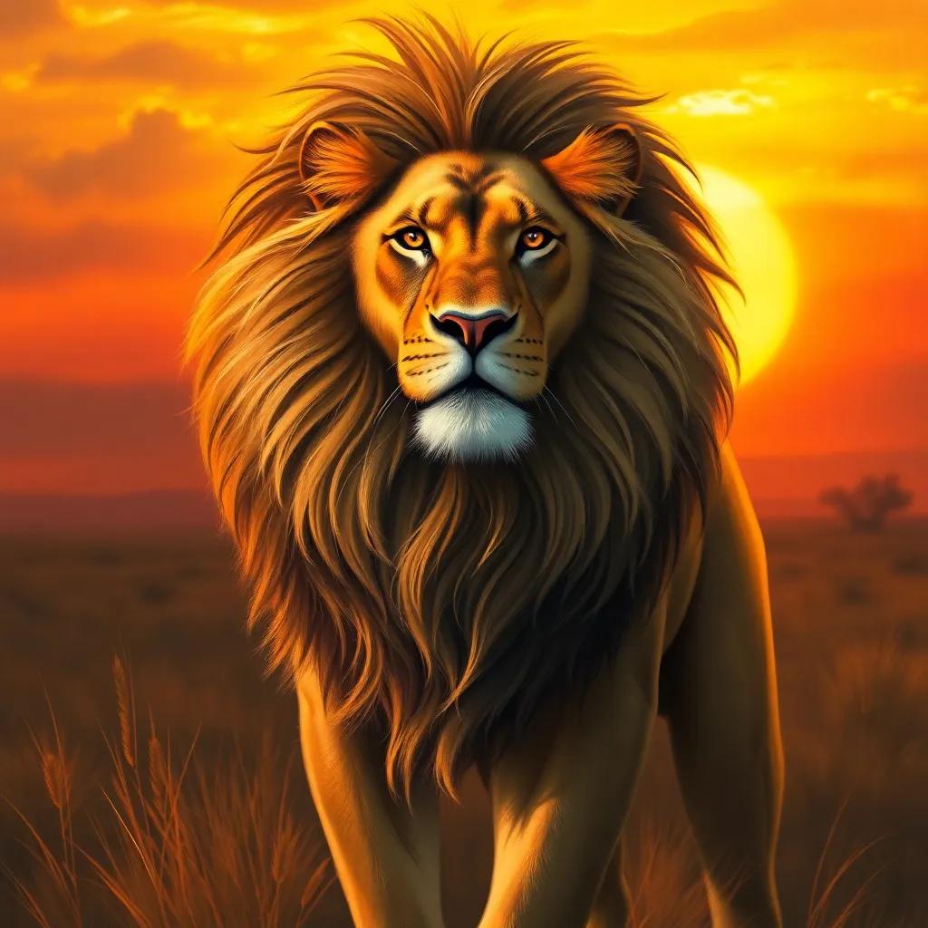 A majestic lion, Lenny, with a flowing mane and golden fur, standing confidently in the savanna with a sunset background, digital painting, warm colors, majestic vibe, high quality