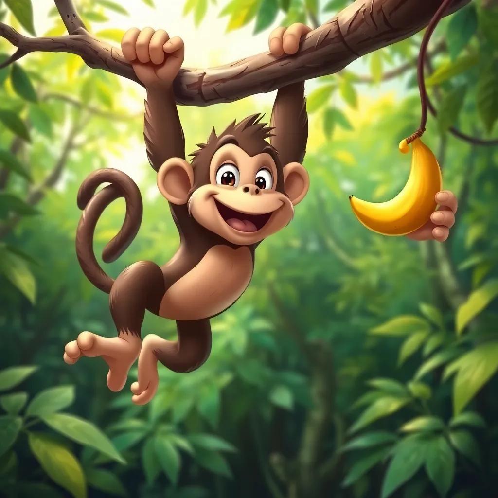 A playful monkey, Maggie, swinging from branches in a vibrant green forest, with lively expressions and a banana in hand, cartoon style, exciting, fun atmosphere, high quality
