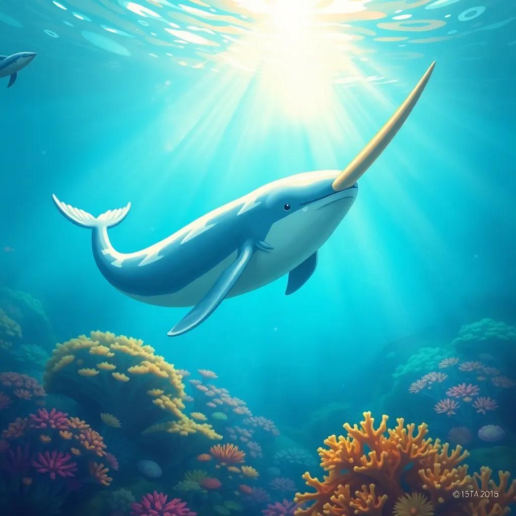 A sleek narwhal, Nina, swimming gracefully in a clear blue ocean, with a long tusk shining in sunlight and colorful coral reefs below, digital art, vibrant colors, magical underwater scene, high quality