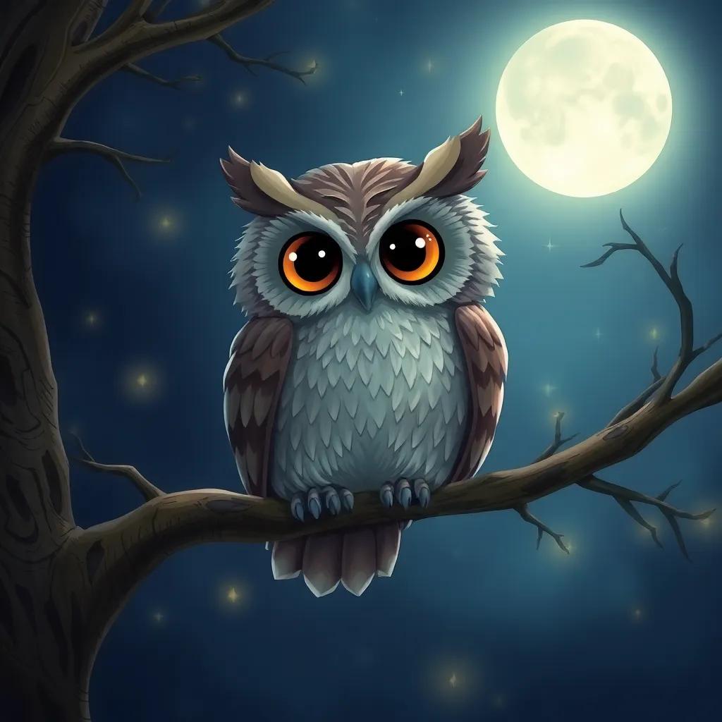 A wise owl, Oscar, with big, round eyes and soft feathers, perched on a tree branch at night, surrounded by twinkling stars and a soft moonlight glow, digital illustration, inviting, serene atmosphere, high quality