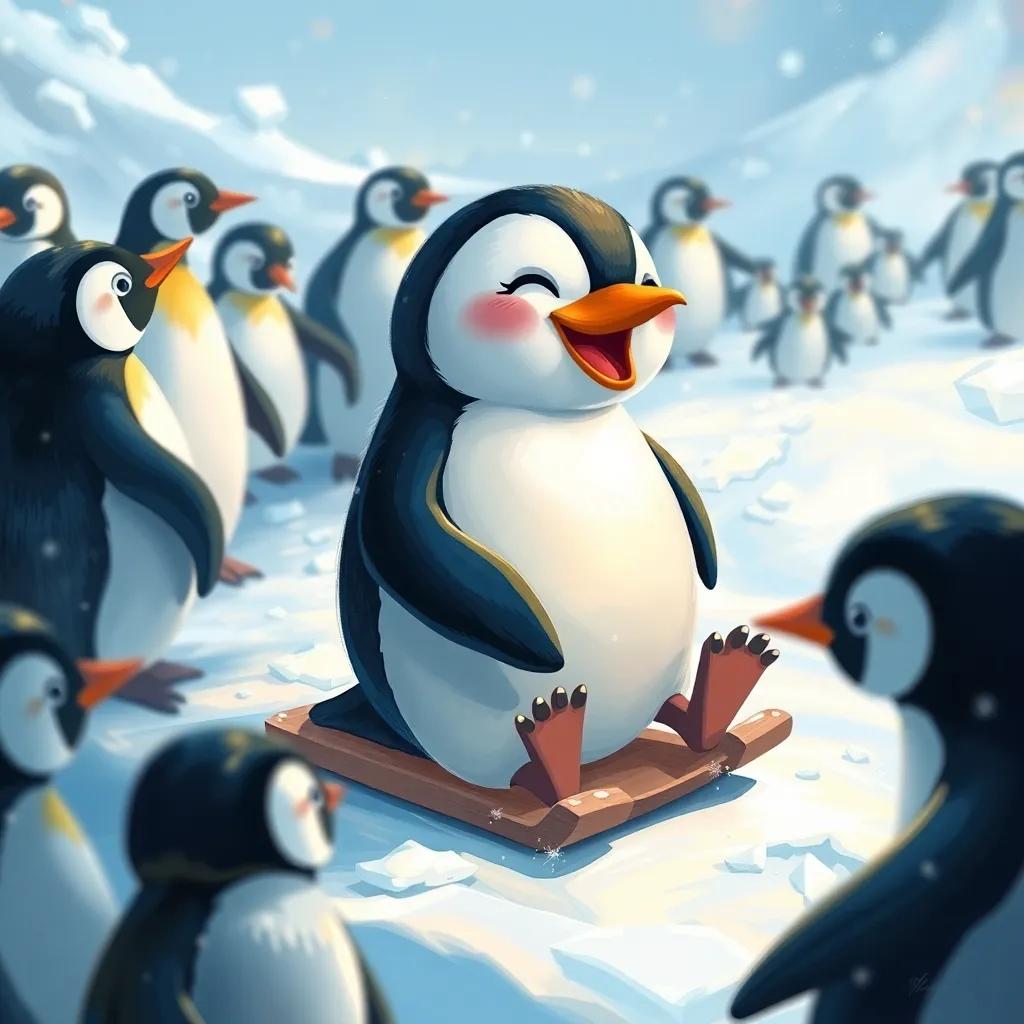 A waddling penguin, Penny, sliding on ice in a snowy environment, joyful and cheerful, surrounded by her penguin family, digital art, bright colors, playful mood, high quality