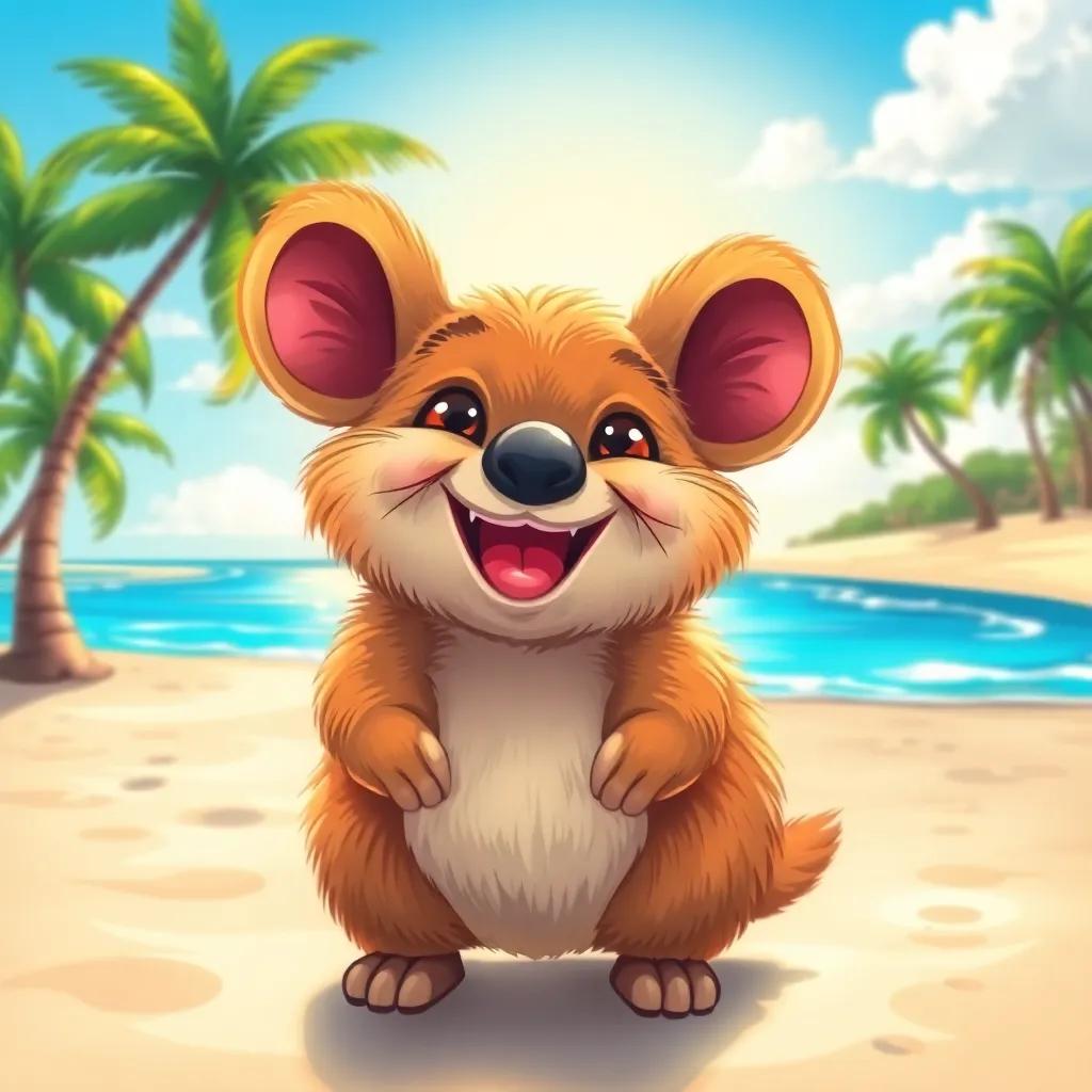 A smiling quokka, Quinn, standing on a sunny beach with a wide grin, with palm trees in the background and soft sand, cute illustration, vibrant colors, friendly ambiance, high quality