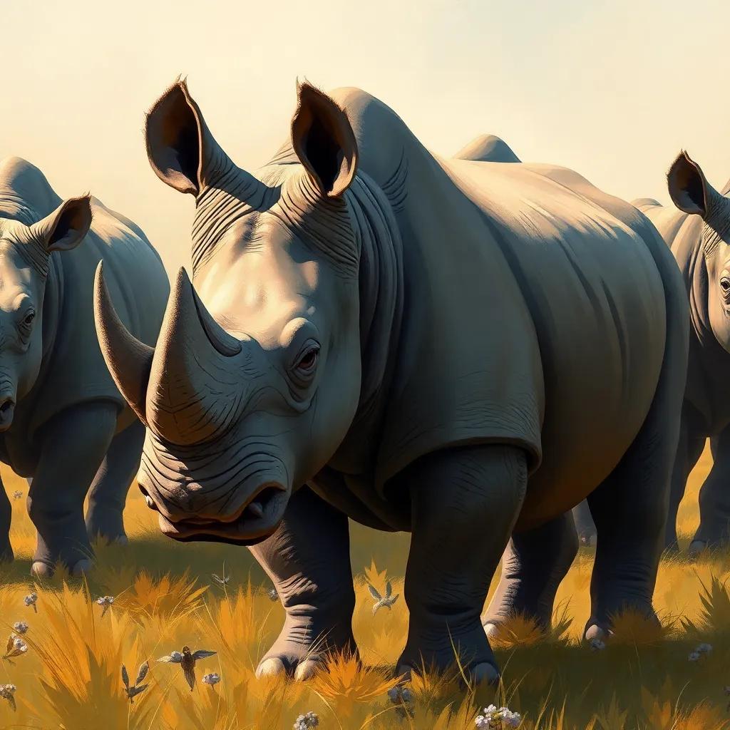 A strong rhino, Ricky, with tough skin and gentle eyes, standing in a grassy field with friends around him, digital painting, earthy tones, heartwarming vibe, high quality