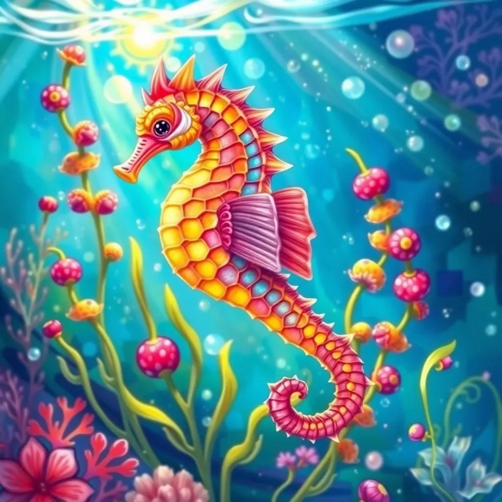 A colorful seahorse, Sunny, swirling around aquatic plants in the ocean, sparkling water and bright colors all around, digital art, whimsical, vibrant underwater scene, high quality