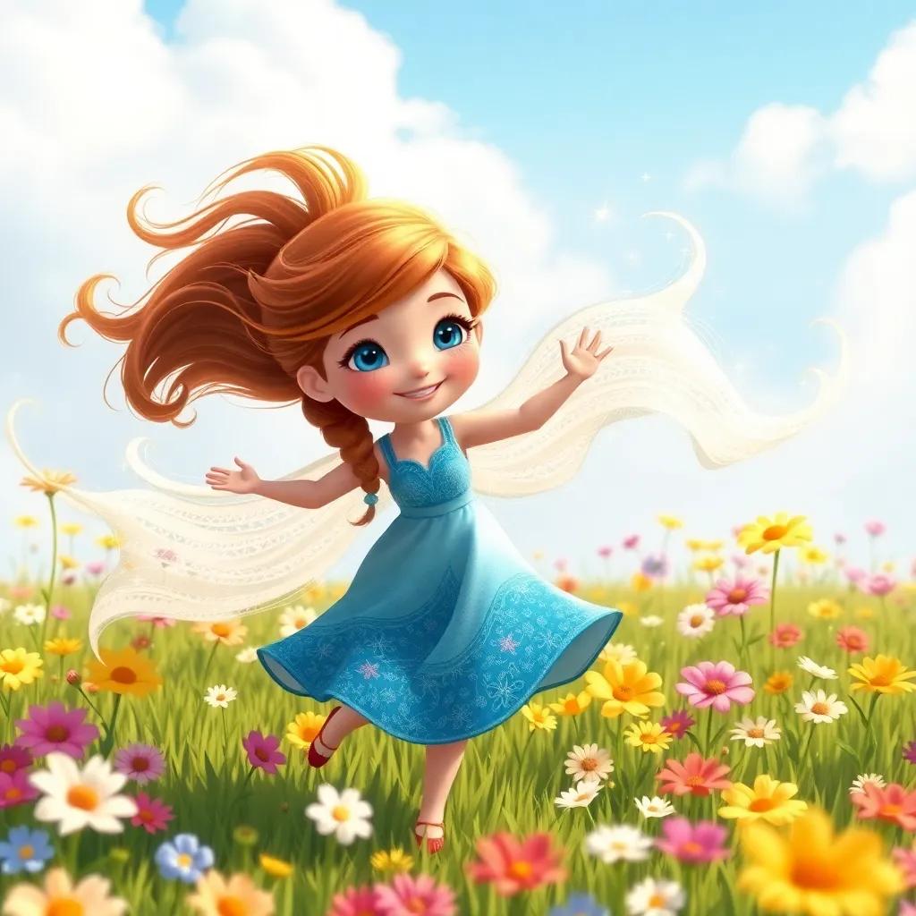 A whimsical wind personified, with soft, swirling features, playfully dancing around Anna, with a trail of sparkles behind, in a sunny meadow filled with colorful flowers, illustration, magical, light and airy colors, child-friendly