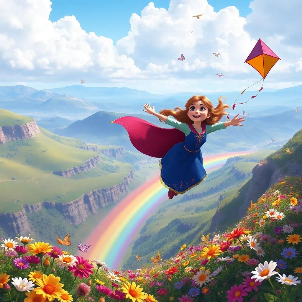 Anna and the Whimsical Wind soaring above rainbow valley, colorful flowers below and butterflies fluttering, Anna laughing joyfully with her kite flying high, vivid colors, cheerful landscape, fantasy art, high quality