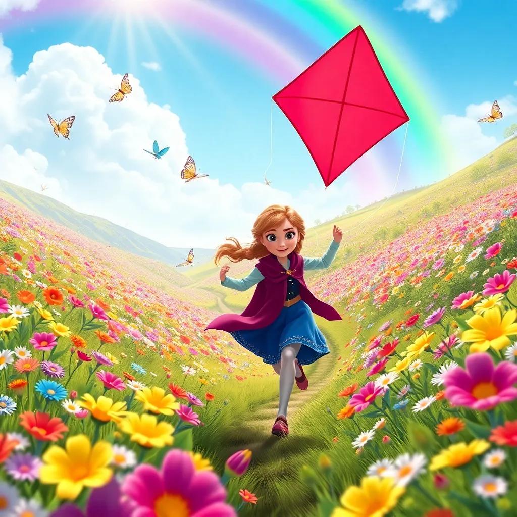 A beautiful rainbow valley, filled with colorful flowers and butterflies, sunlight shining down, Anna running joyfully through the flowers with her kite, cartoon style, bright and engaging, inviting atmosphere, detailed