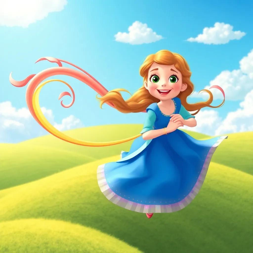 Anna and the Whimsical Wind soaring through gentle hills, riding the wind together with loops and swirls, Anna smiling widely, bright blue sky with fluffy clouds, joyful scene, children's illustration, crisp and colorful
