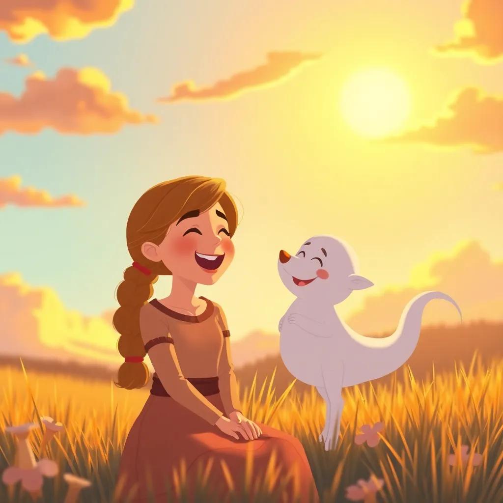 Anna laughing with the Whimsical Wind as the sun sets in a beautiful sky, their bond illustrated in the golden evening light, cozy and heartwarming, children's illustration, serene