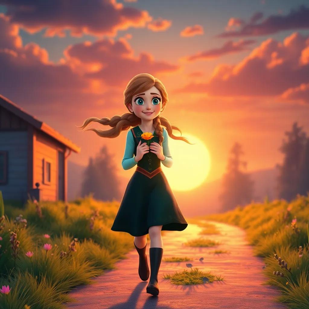 Anna returning home happily, a glowing sunset backdrop, with the wind swirling lightly around her, a sense of joy and fulfillment, vibrant colors, heartwarming scene, storybook style, high quality