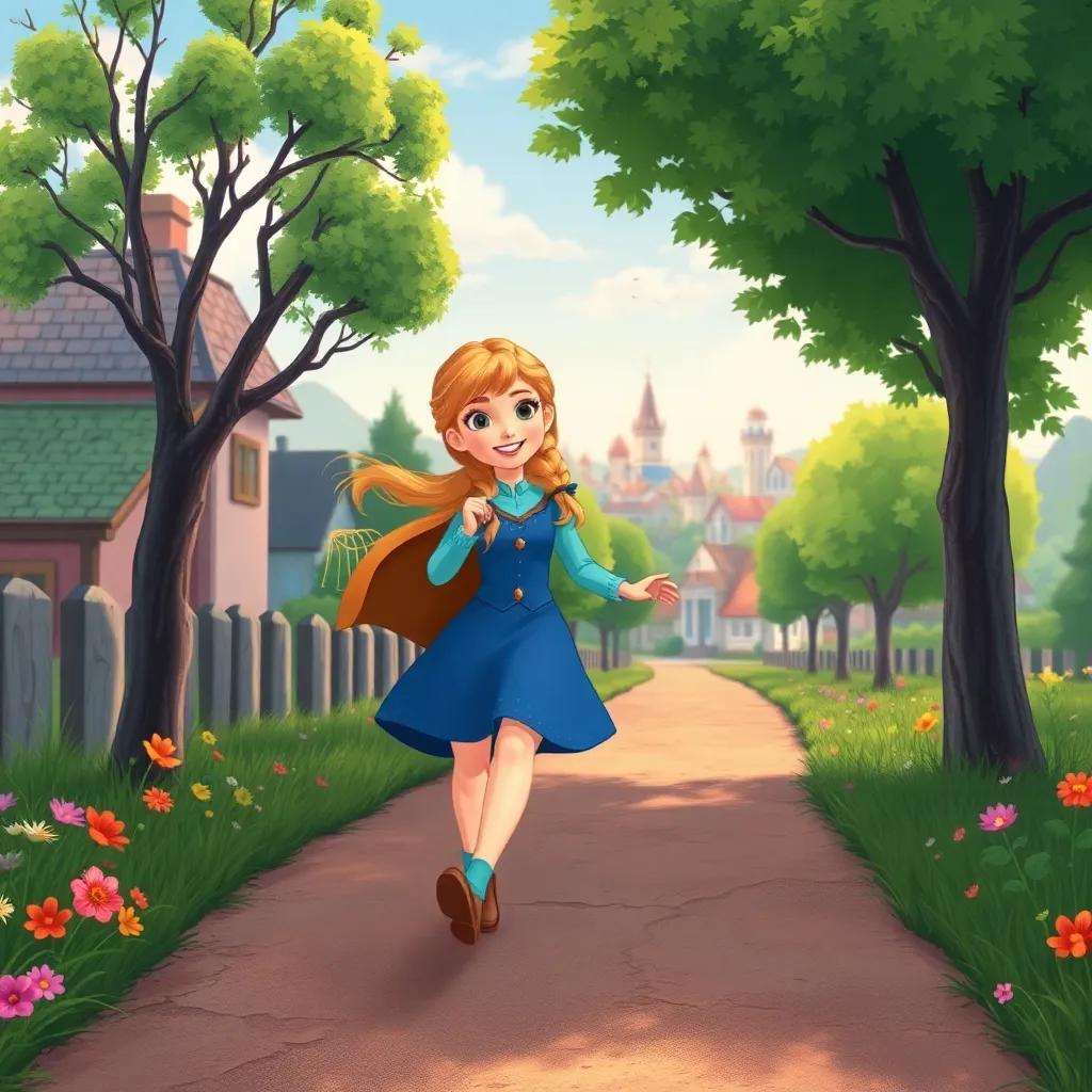 Anna skipping home, a small town behind her, with a happy expression as she thinks about her adventures, trees and flowers lining the path, cheerful and uplifting illustration, colorful artwork, crisp details