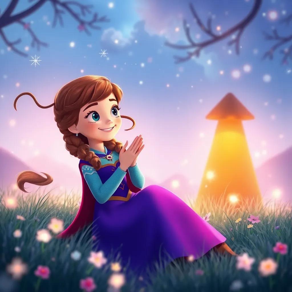 A scene of Anna’s joyful memories of the Whimsical Wind, depicted with sparkles in the air and a soft breeze, filled with magic, warm atmosphere, artistic children’s illustration, inviting and cheerful