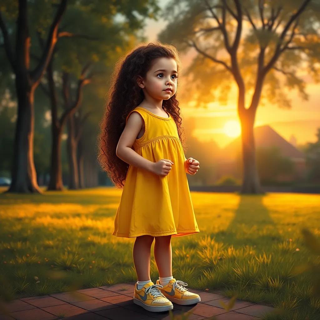 A determined young girl, Annabelle, with long curly hair, wearing a bright yellow dress and sneakers, standing in a park looking towards the sunset, her hands clenched in determination, digital art, vibrant colors, warm light, heartwarming atmosphere, high quality