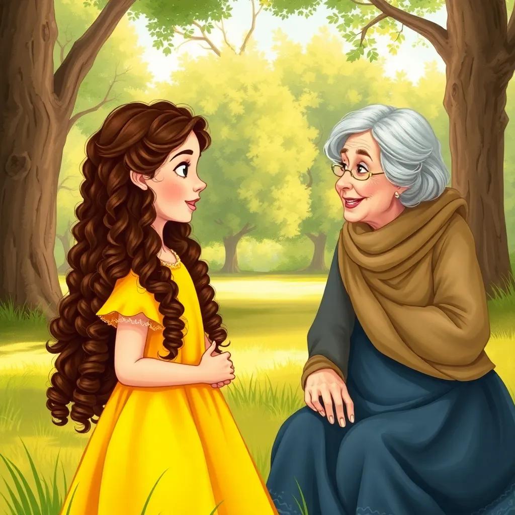 Annabelle, a brave young girl with long curly hair in a bright yellow dress, talking to an older woman in the park, surrounded by trees and grass, the woman has kind eyes and an understanding smile, illustration, cheerful, child-friendly scene, high quality