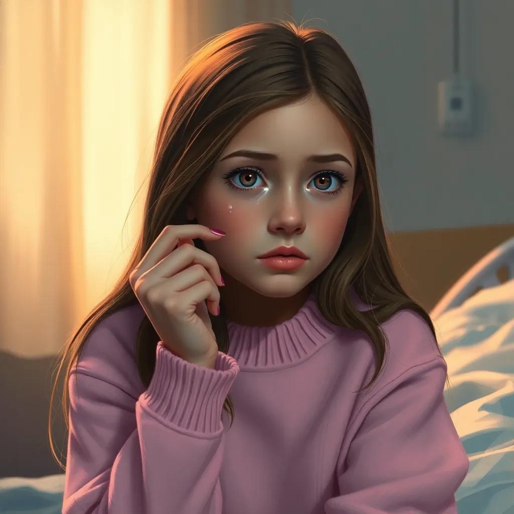 Anna, a young Caucasian girl with long brown hair wearing a soft pink sweater, looking determined while brushing away her tears, sitting by a hospital bed, strong emotions in the air, warm light, close-up perspective, heartfelt moment, digital painting, realistic, touching