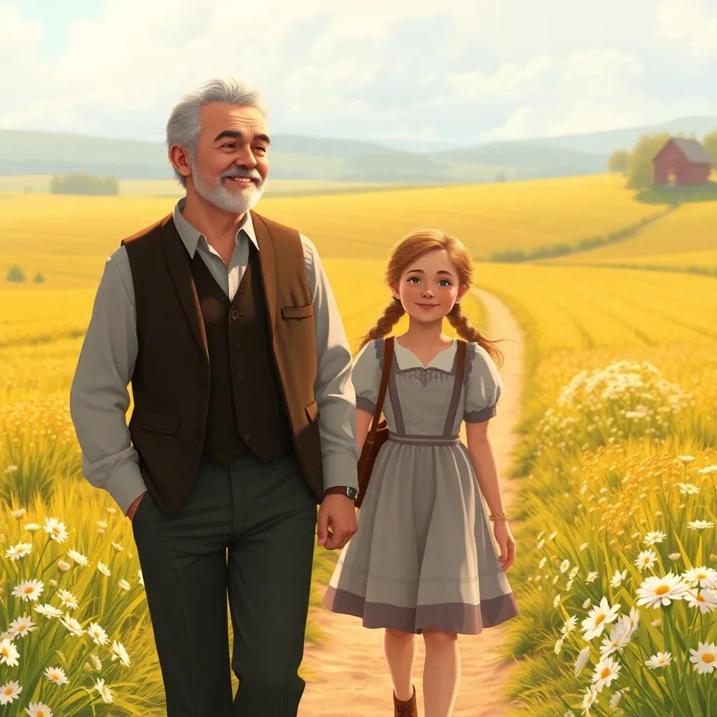 Matthew Cuthbert, an older gentleman with a gentle smile, walked beside Anne, exploring the vast farmland of Green Gables, sunlight illuminating their path through blooming fields, detailed illustration, warm light, golden hour, inviting ambiance
