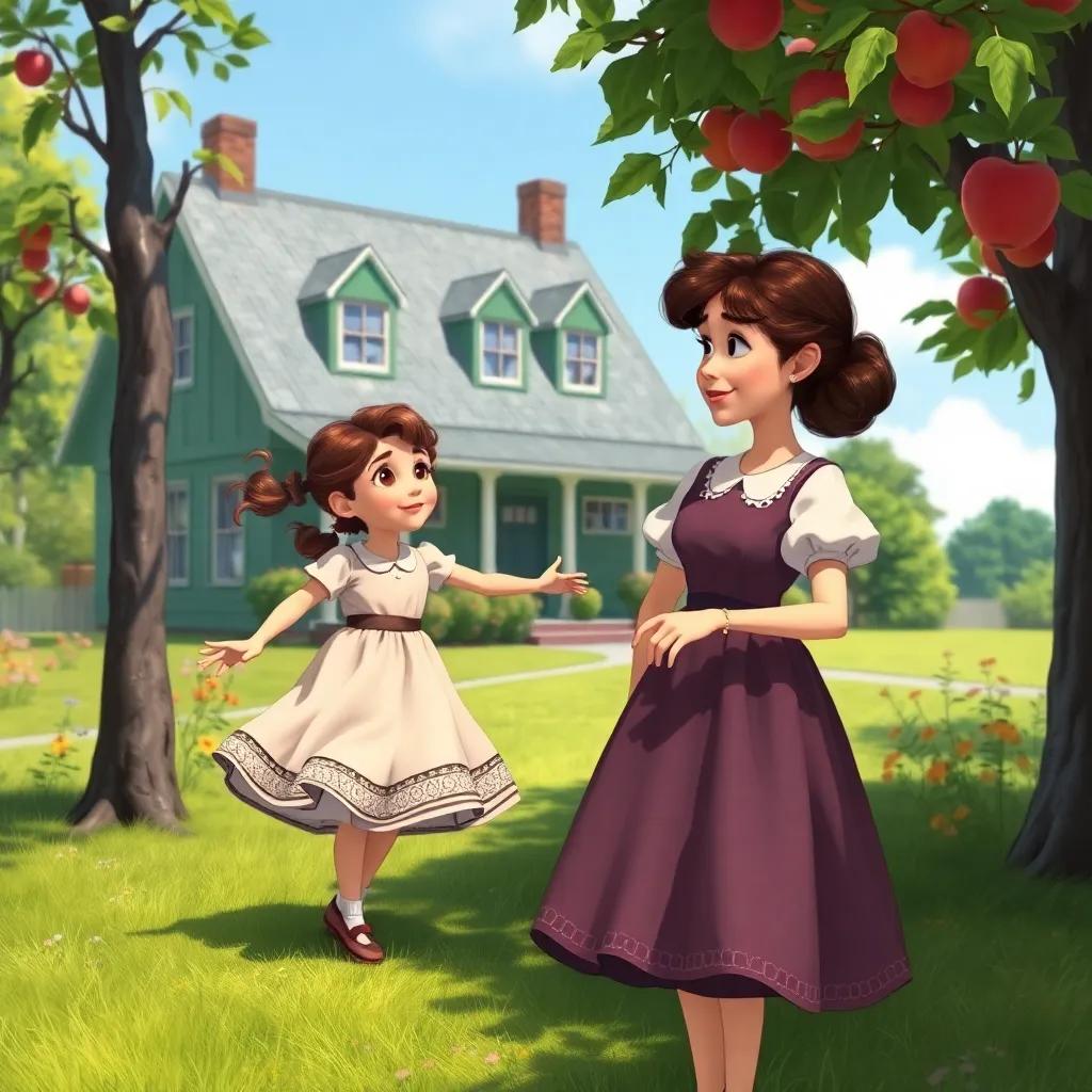 Marilla Cuthbert, a stern yet caring woman in a modest dress, looked on with a softening expression as Anne danced around the apple tree, their homely green house in the background, digital painting, bright colors, heartwarming scene, clear details