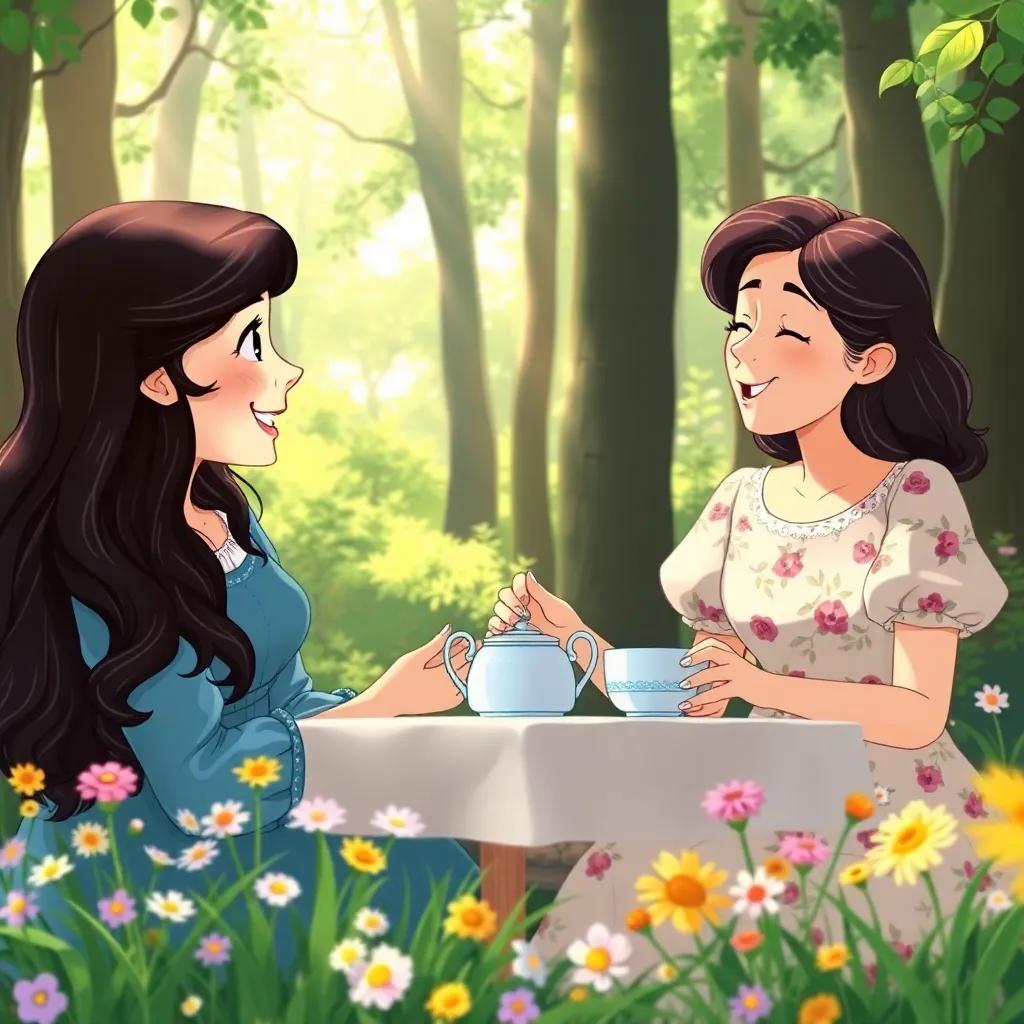 Diana Barry, Anne’s best friend with dark hair in soft waves, joined Anne for a tea party in the woods with wildflowers, both delighted in giggles, whimsical setting under the dappled sunlight, illustration, playful, friendship with nature, charming details