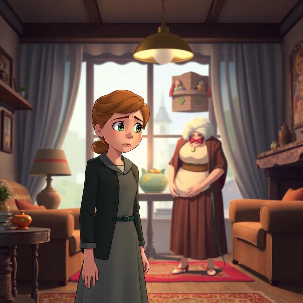 Anne with a worried expression, standing before Diana's furious mother in a cozy interior of their home, tension in the air, detailed depiction, warm colors, emotional scene, capturing the essence of friendship tested, high-quality art