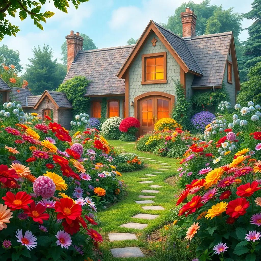 The intricate garden at Green Gables, filled with a riot of colors from blooming flowers, where Anne daydreamed while writing stories in a notebook, peaceful atmosphere, digital art, magical, rich contrasts, conveying creativity and imagination, pristine quality