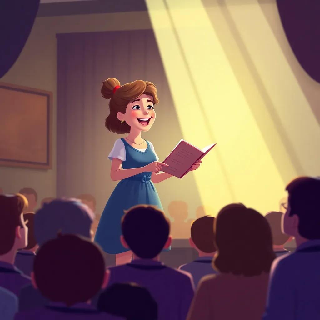 Anne performing with joy on a small stage in front of a focused crowd, sharing her written stories, sunlight streaming down, excitement spreading through the audience, vibrant illustration, conveying passion and inspiration, high quality