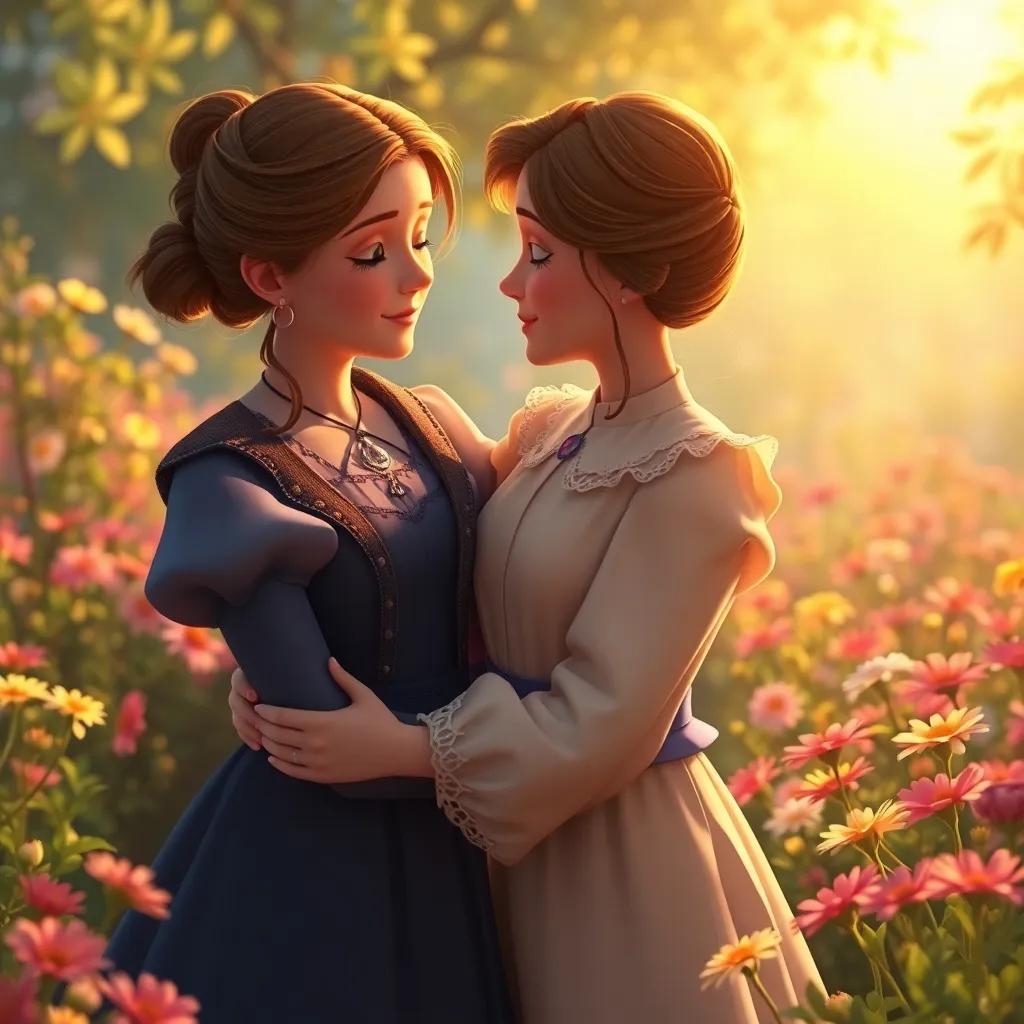 An idyllic scene of Anne and Marilla embracing in the midst of the flower garden, symbolizing their bond after overcoming struggles, soft, warm light illuminating around them, heartwarming feelings, detailed portrayal, inviting atmosphere, fantasy, endearing scene