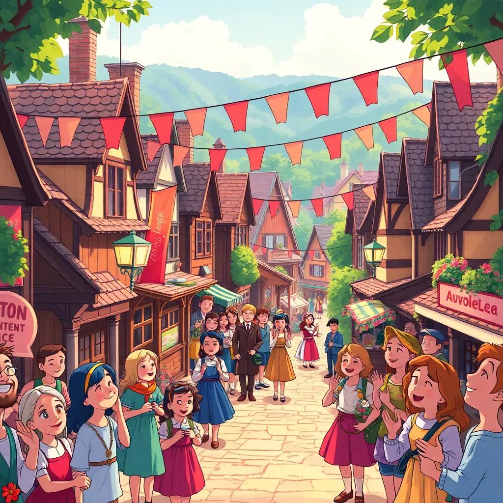 The village of Avonlea, filled with lively villagers celebrating Anne’s scholarship win, adorned with banners and cheerful faces all around, festive mood, energetic illustration, bright colors, happiness radiating, capturing the theme of community, detailed art