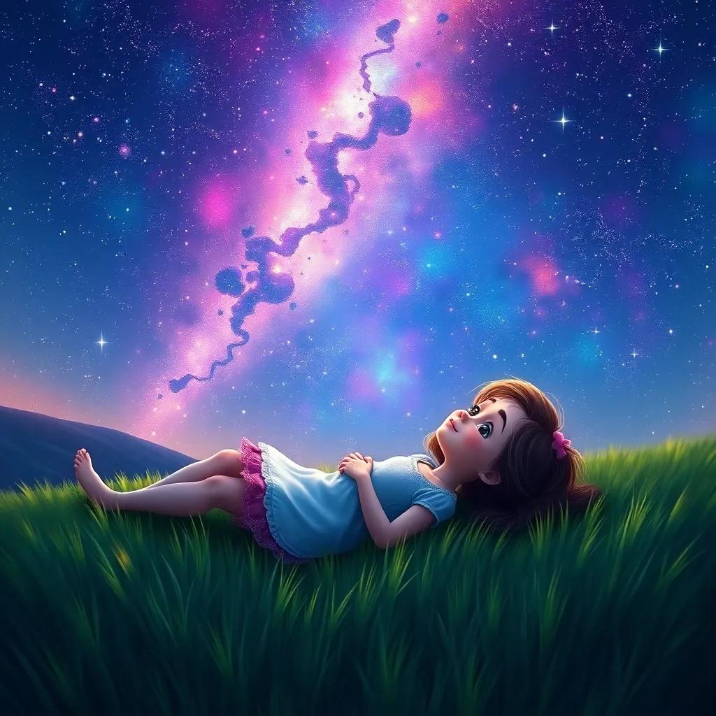A starry night sky above Anne as she lays on the grass dreaming, the universe sparkling around her with vibrant colors symbolizing her dreams, digital painting, enchanting atmosphere, imaginative, capturing the beauty of wonder, refined quality