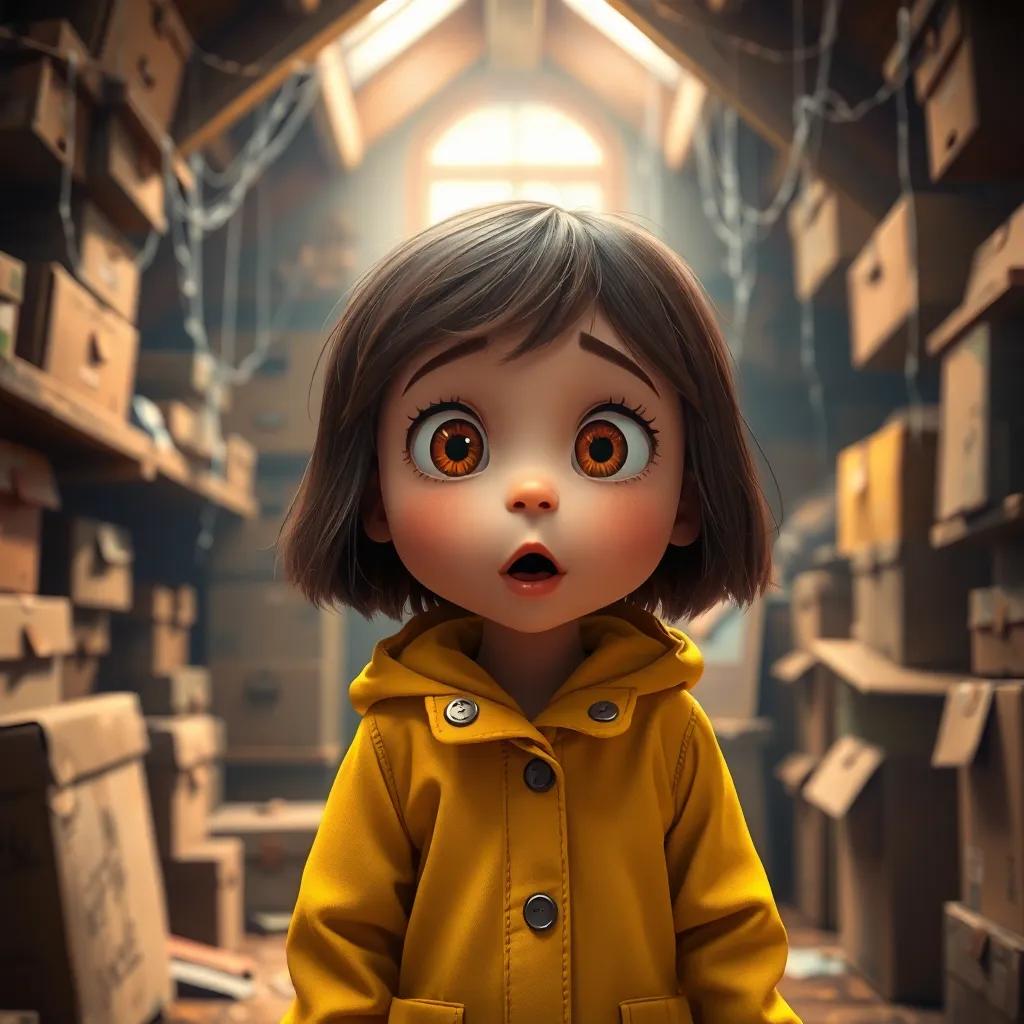 A young girl, Annie, with brown hair, wearing a bright yellow raincoat, standing in a dusty attic filled with boxes and cobwebs, surprised expression, soft light, warm colors, digital art, whimsical