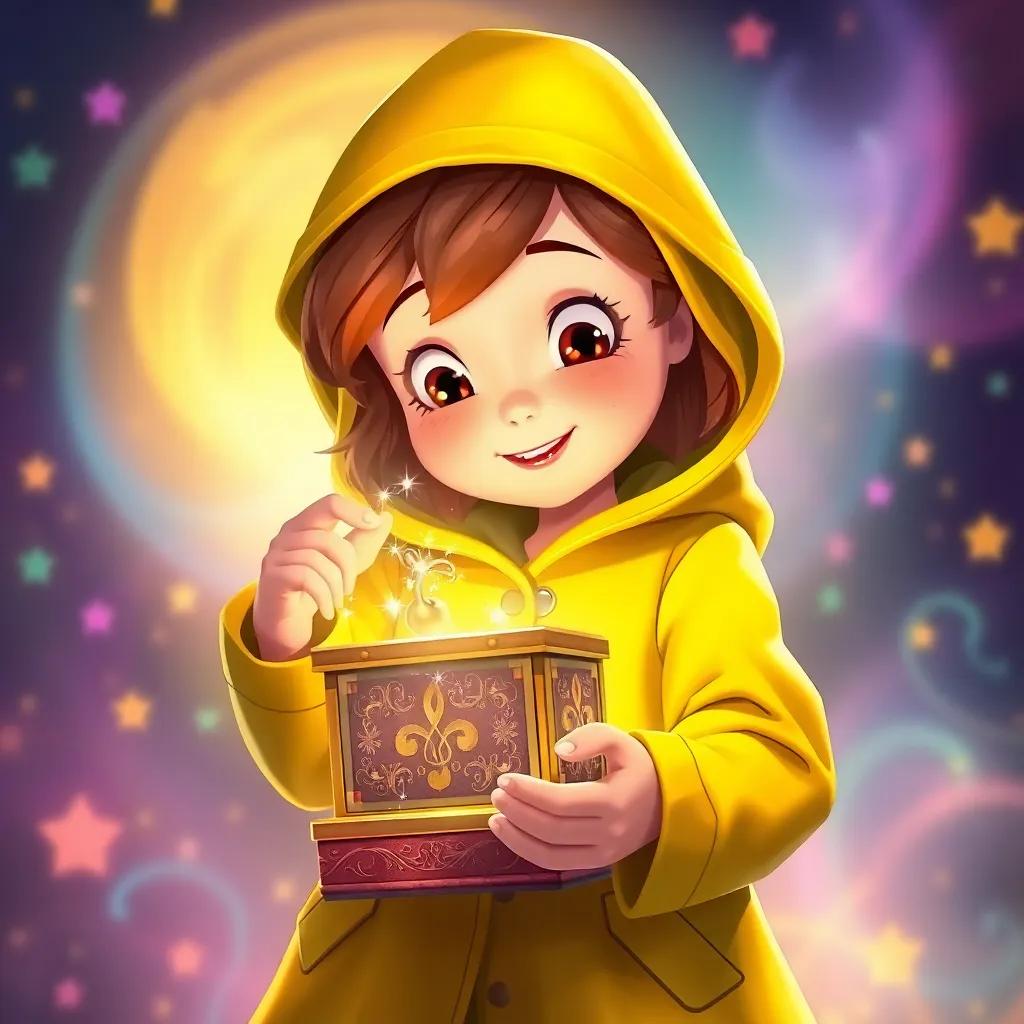 Annie, with brown hair in a yellow raincoat, opening a shiny music box that sparkles in the light, surrounded by swirling magical colors, cheerful atmosphere, magical realism