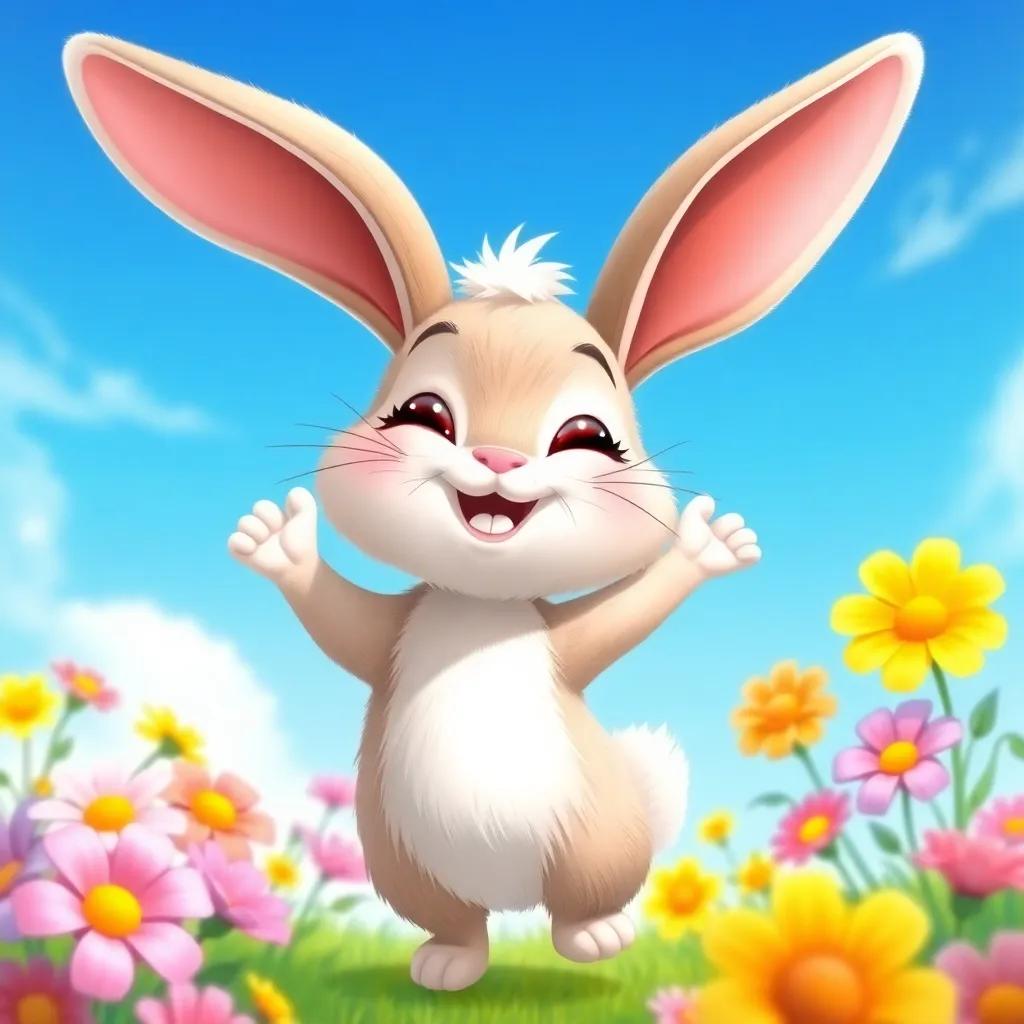 A cheerful rabbit, fluffy and cute, with big ears and a joyful smile, dancing in a bright blue sky with colorful flowers around, vibrant scene, happy mood, illustration