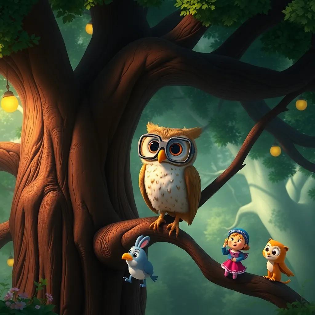 A wise owl with big glasses sitting on a branch in a giant tree, looking down at Annie and her friends in a magical forest, whimsical and enchanting atmosphere