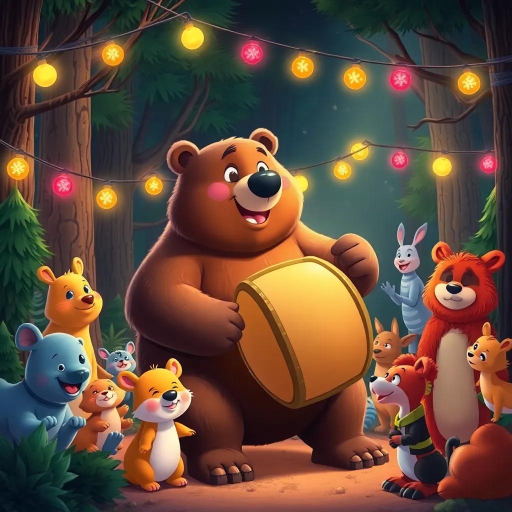 A big bear playing a drum, surrounded by happy animals, under twinkling lights in a festive forest party, colorful, fun and cheerful vibe, illustration