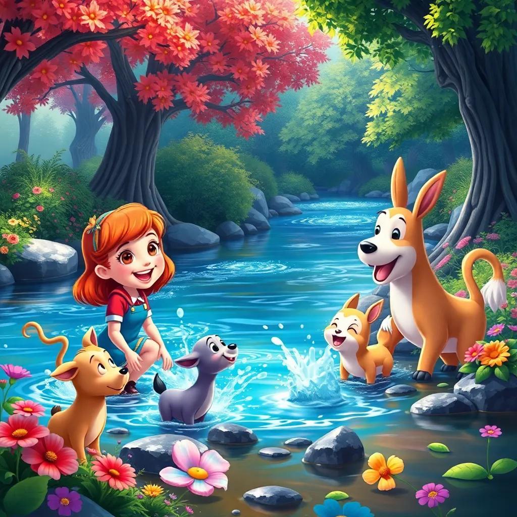 Annie with animals by a sparkling stream, splashing water and laughing, surrounded by trees and flowers, playful and joyous mood, vibrant colors