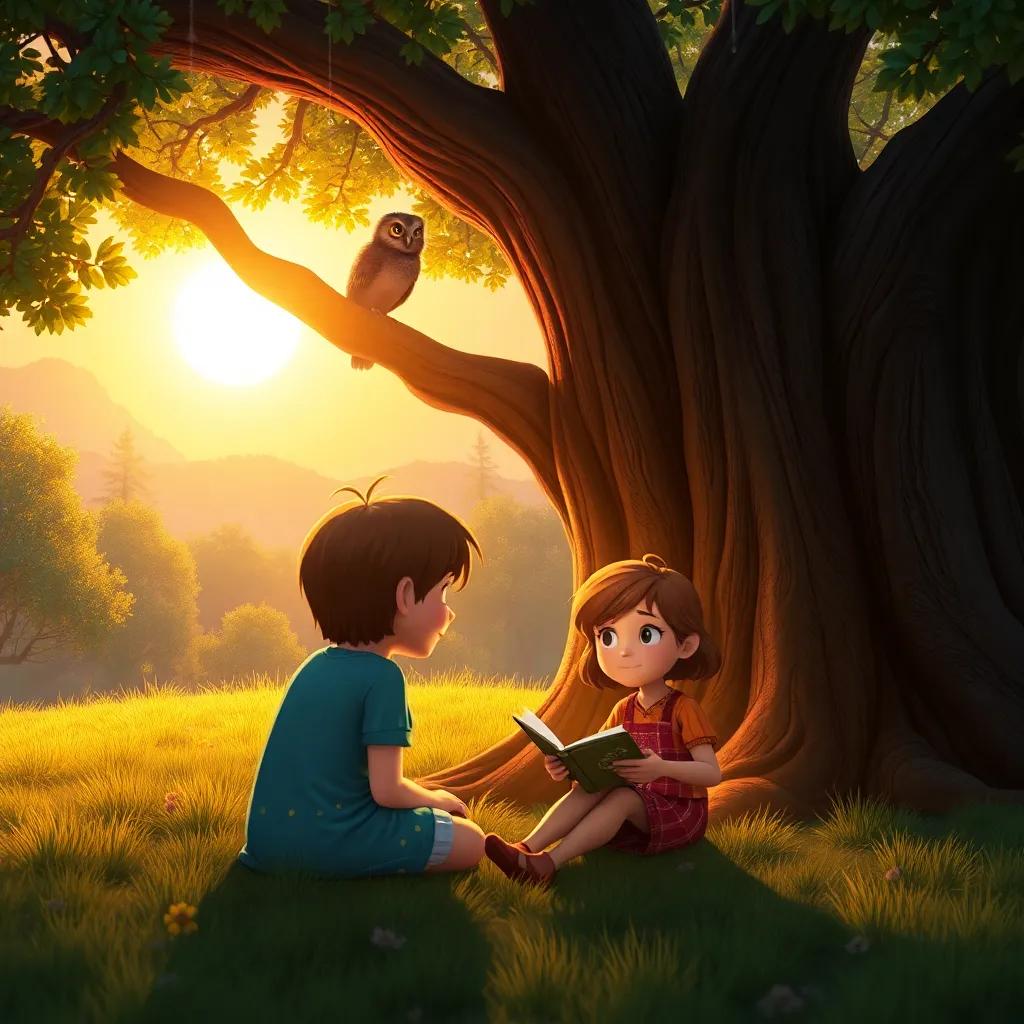 Annie sitting under a giant tree, listening to the wise owl who tells stories, the setting sun creating golden light, magical and warm atmosphere