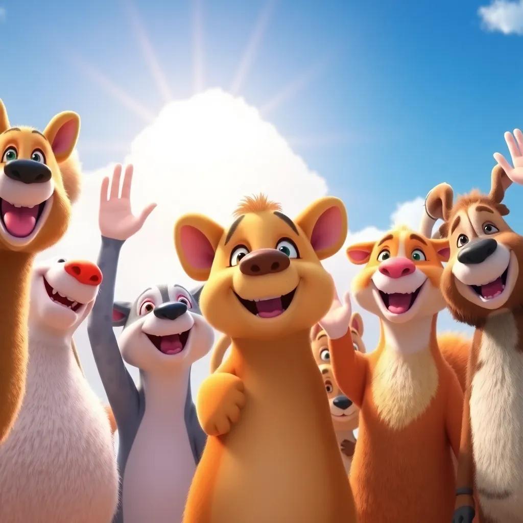 A group of animals waving goodbye to Annie, with happy faces and a bright sky behind them, capturing a bittersweet farewell, heartfelt and colorful