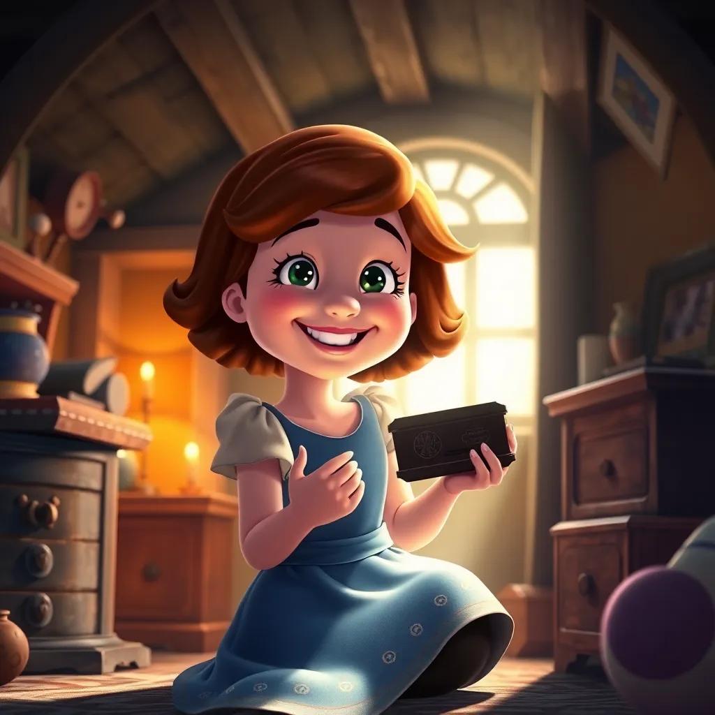 Annie back in her attic, holding the music box with a joyful smile, surrounded by light and memories of her adventure, nostalgic and warm light, whimsical