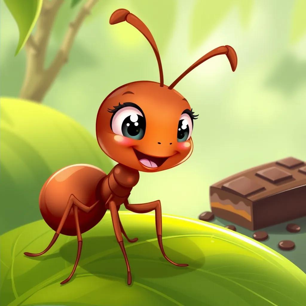 A little ant named Anty with big eyes and a cheerful smile, standing on a green leaf, looking at a chocolate bar in the distance, digital art, colorful, cartoonish, joyful atmosphere, high quality