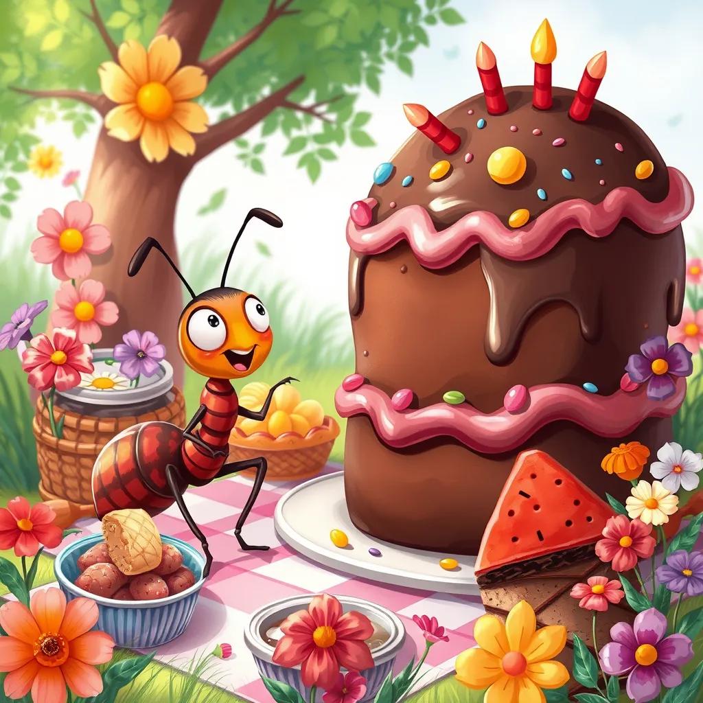 Anty the ant excitedly watching a giant chocolate cake at a picnic, surrounded by colorful snacks and beautiful flowers, illustration, vibrant colors, happy mood, high quality