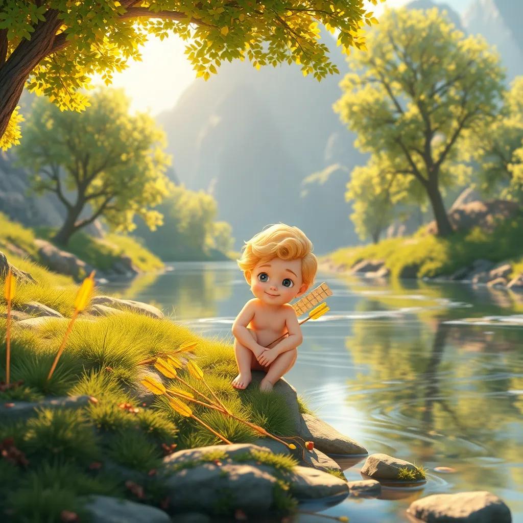A sunny riverside with Cupid, the small god of love, sitting on the bank, surrounded by tiny arrows of gold and lead, playful and mischievous, digital art, bright colors, cheerful atmosphere, detailed view